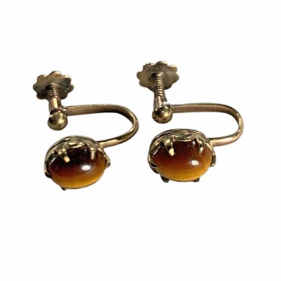 Vintage Tigers Eye Cat Eye Screw Back Earrings Unmarked Gold(tone?) Jewelry - Picture 5 of 6